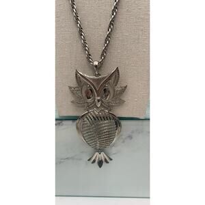 Vintage Signed ALAN Silver Tone Articulated Owl Bird Pendant Chain Necklace